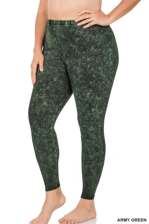 Mineral Wash Cotton Leggings - Army Green Plus