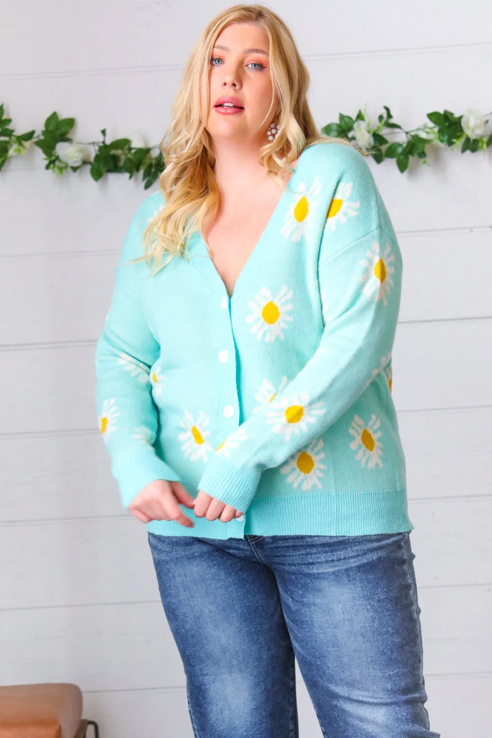 Mint Daisy Floral Button-Down Cardigan