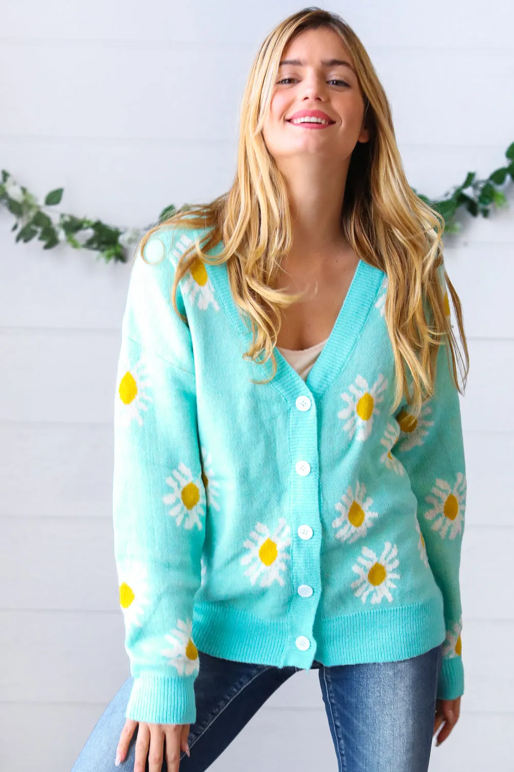 Mint Daisy Floral Button-Down Cardigan