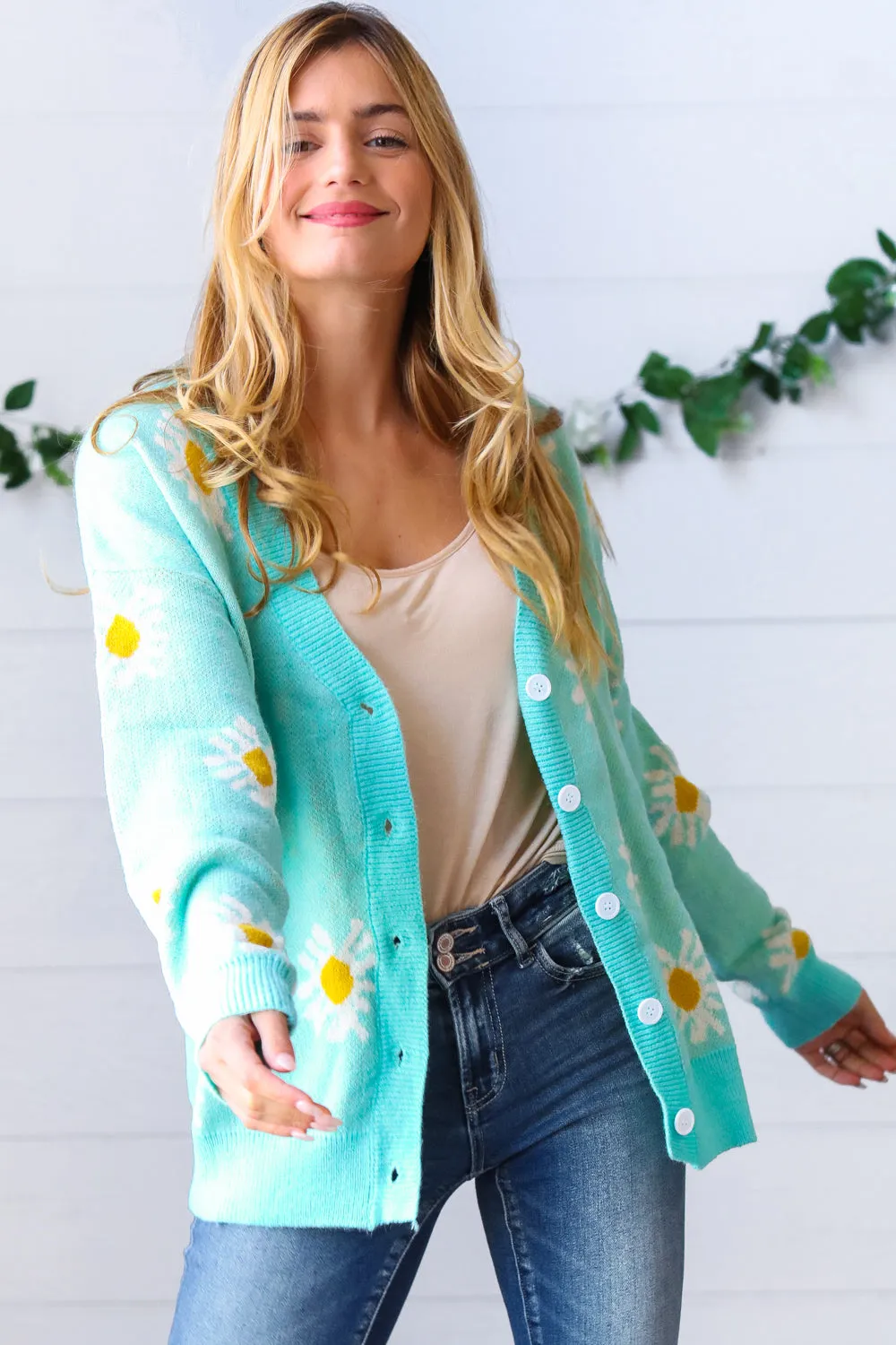 Mint Daisy Floral Button-Down Cardigan