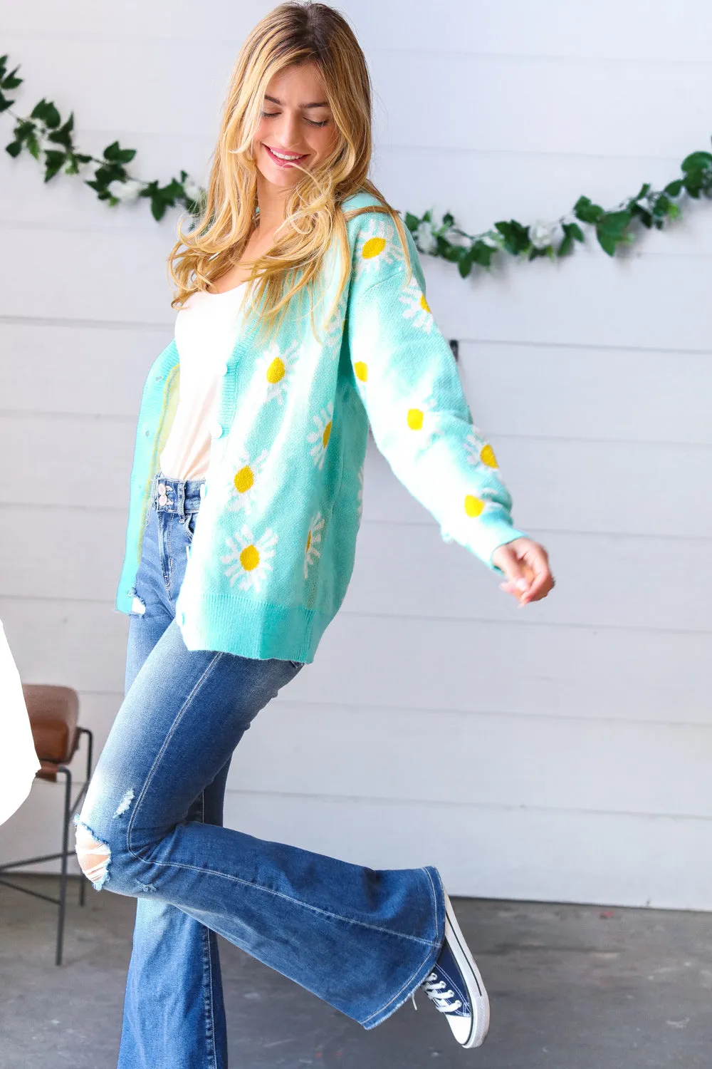 Mint Daisy Floral Button-Down Cardigan
