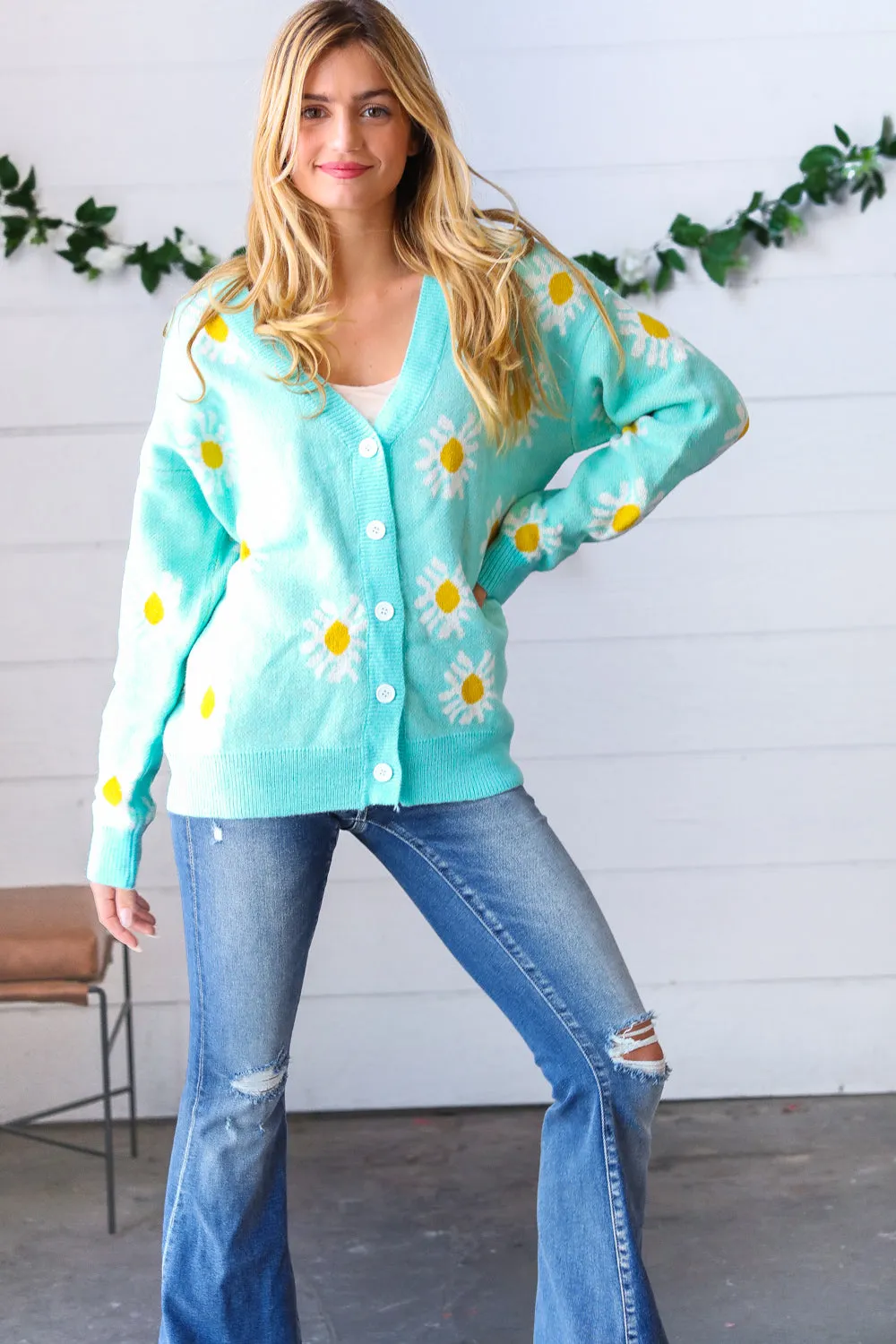 Mint Daisy Floral Button-Down Cardigan
