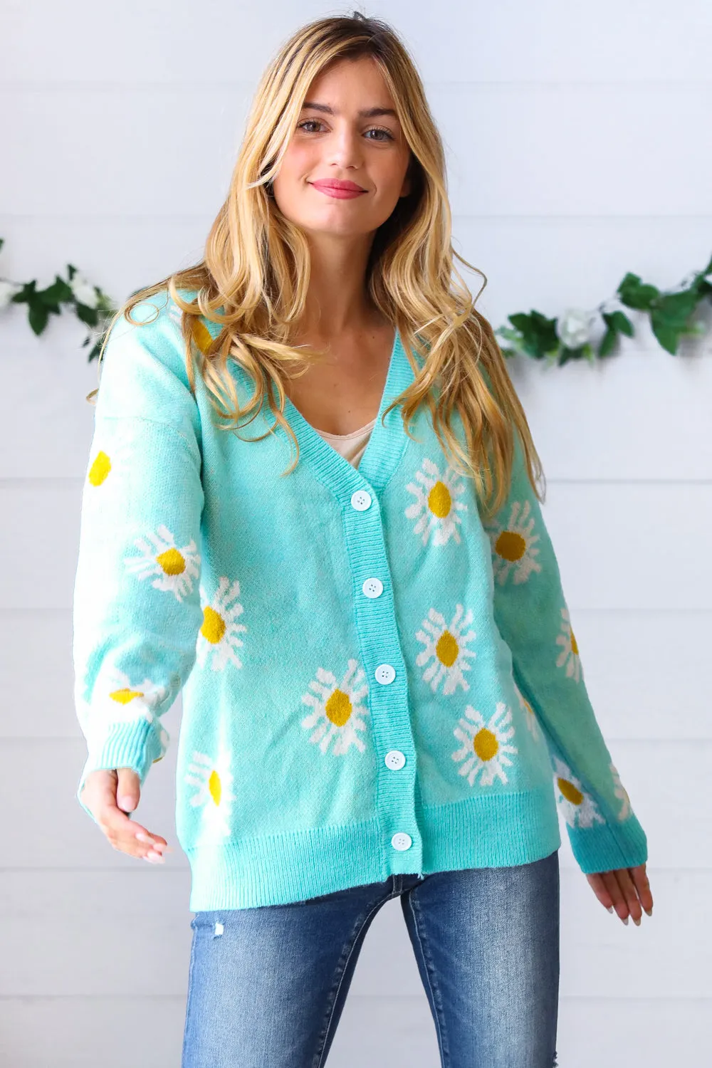 Mint Daisy Floral Button-Down Cardigan