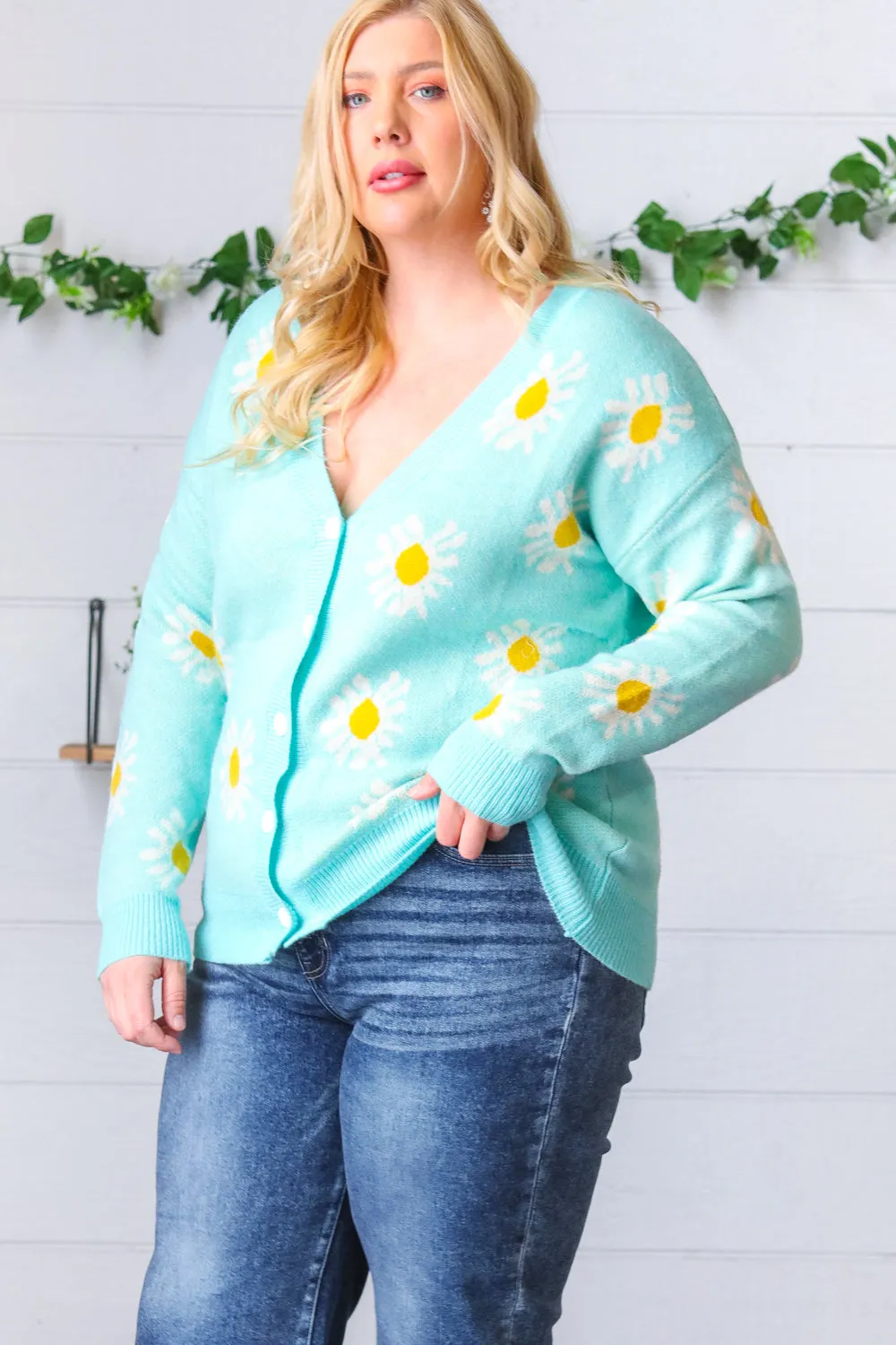 Mint Daisy Floral Button-Down Cardigan