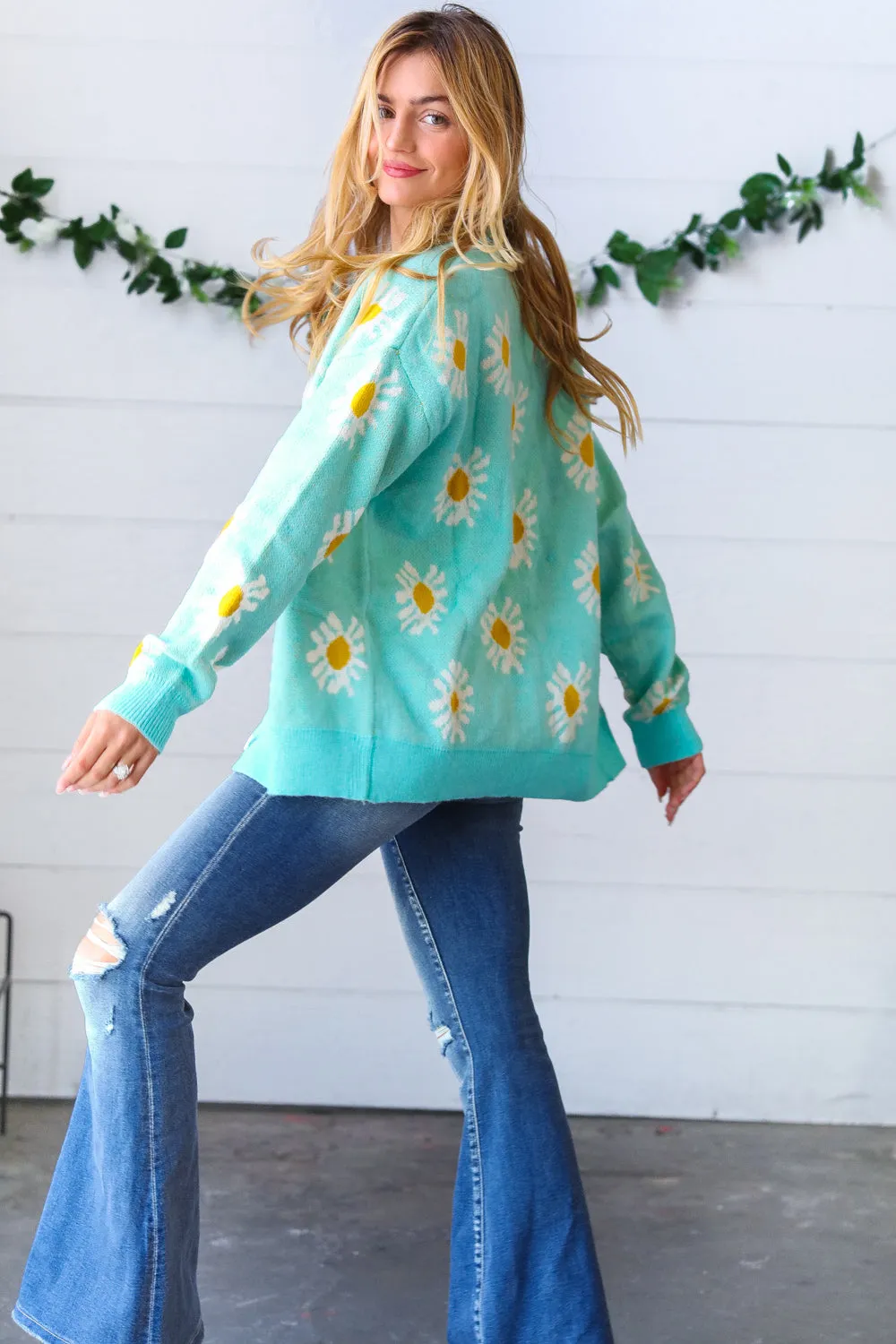 Mint Daisy Floral Button-Down Cardigan
