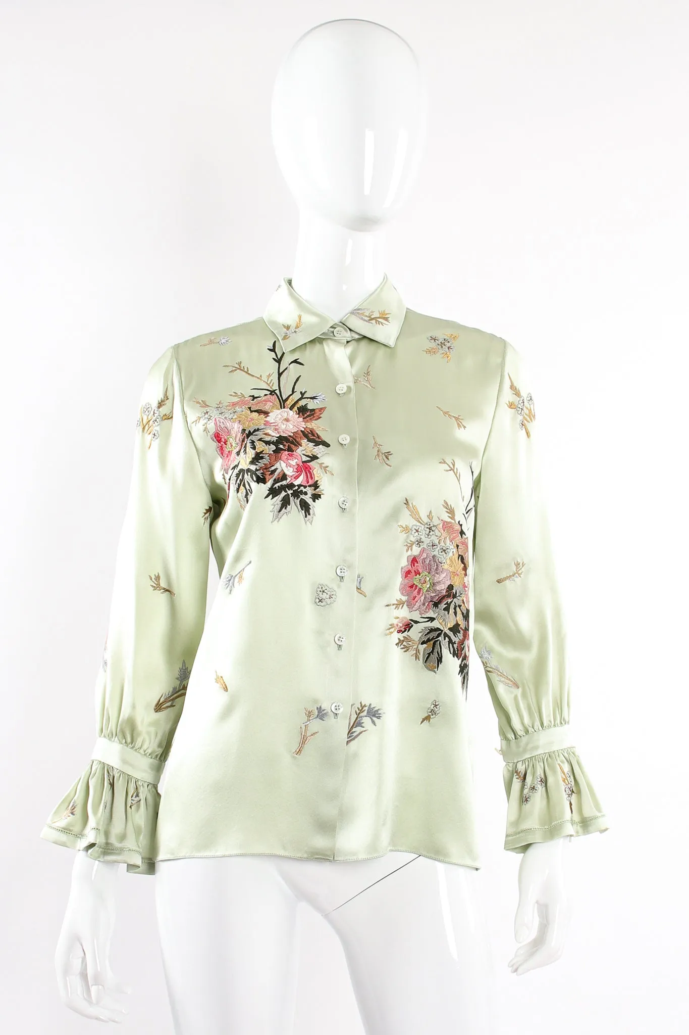 Mint Floral Embroidered Silk Shirt