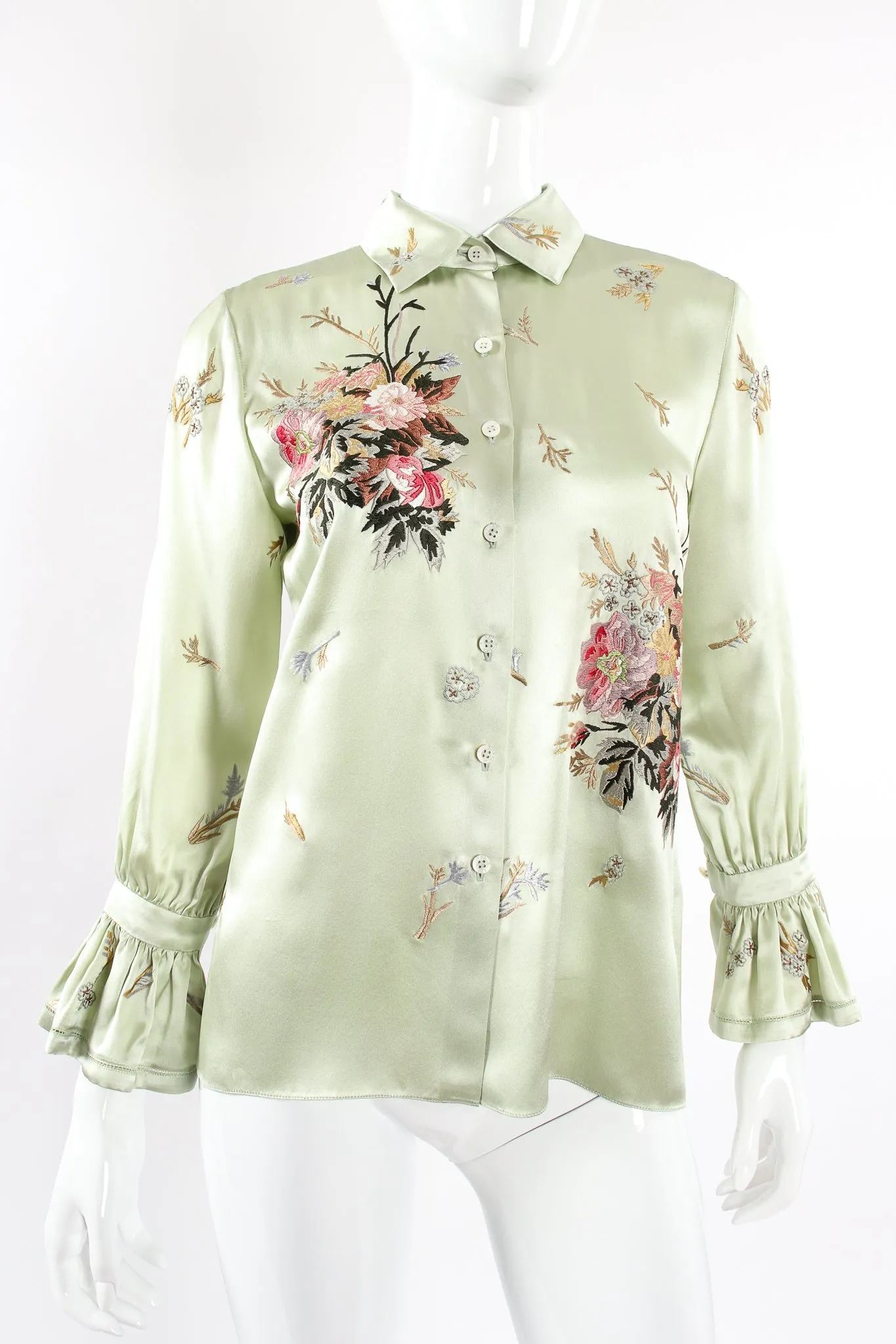 Mint Floral Embroidered Silk Shirt