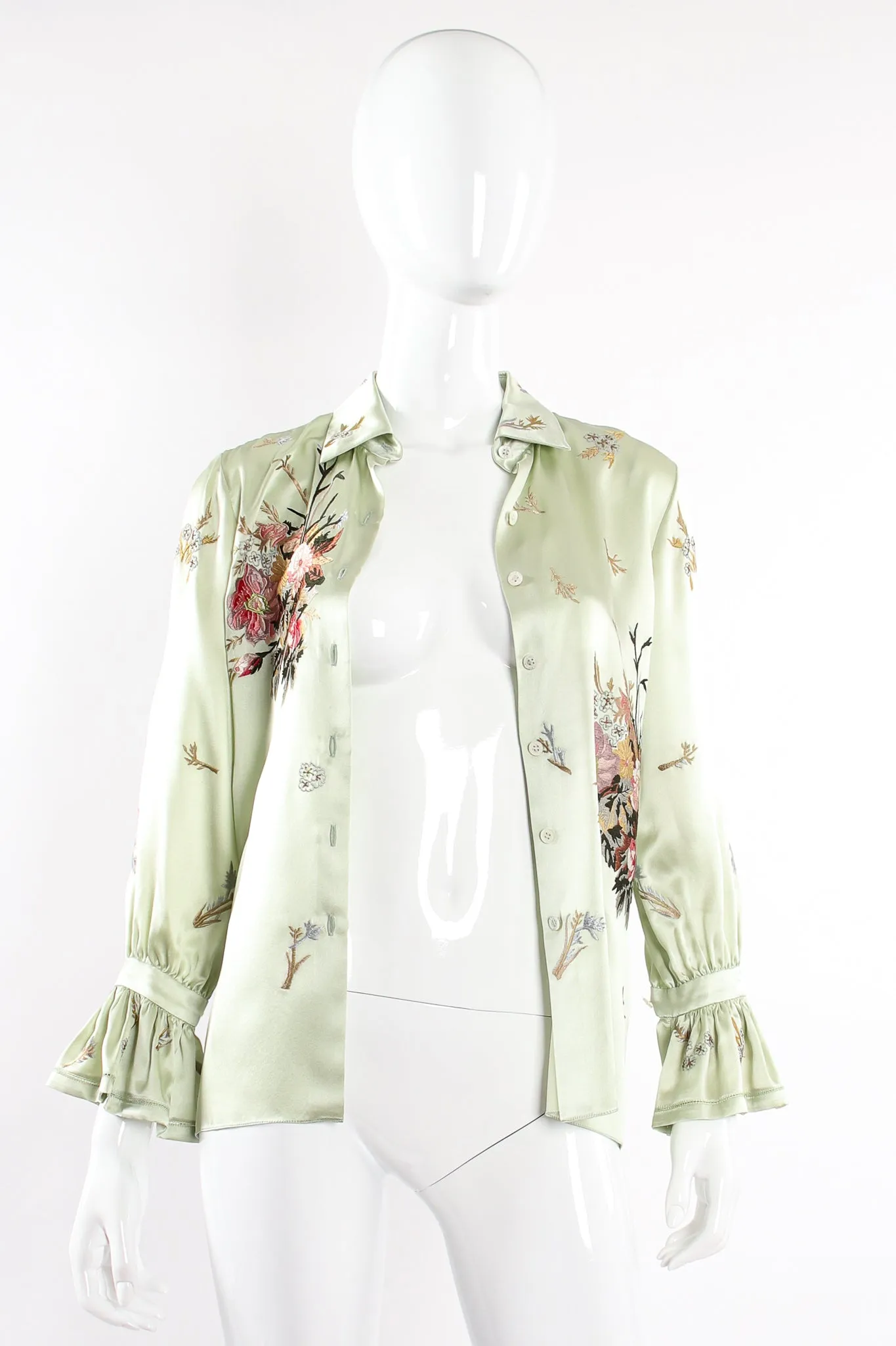 Mint Floral Embroidered Silk Shirt