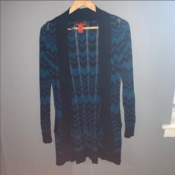 Missoni blue chevron knit open front cardigan