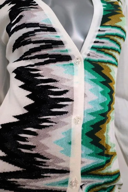 Missoni Cardigan White/Metallic Zig Zag Knit Size 38 V-Neck Sweater