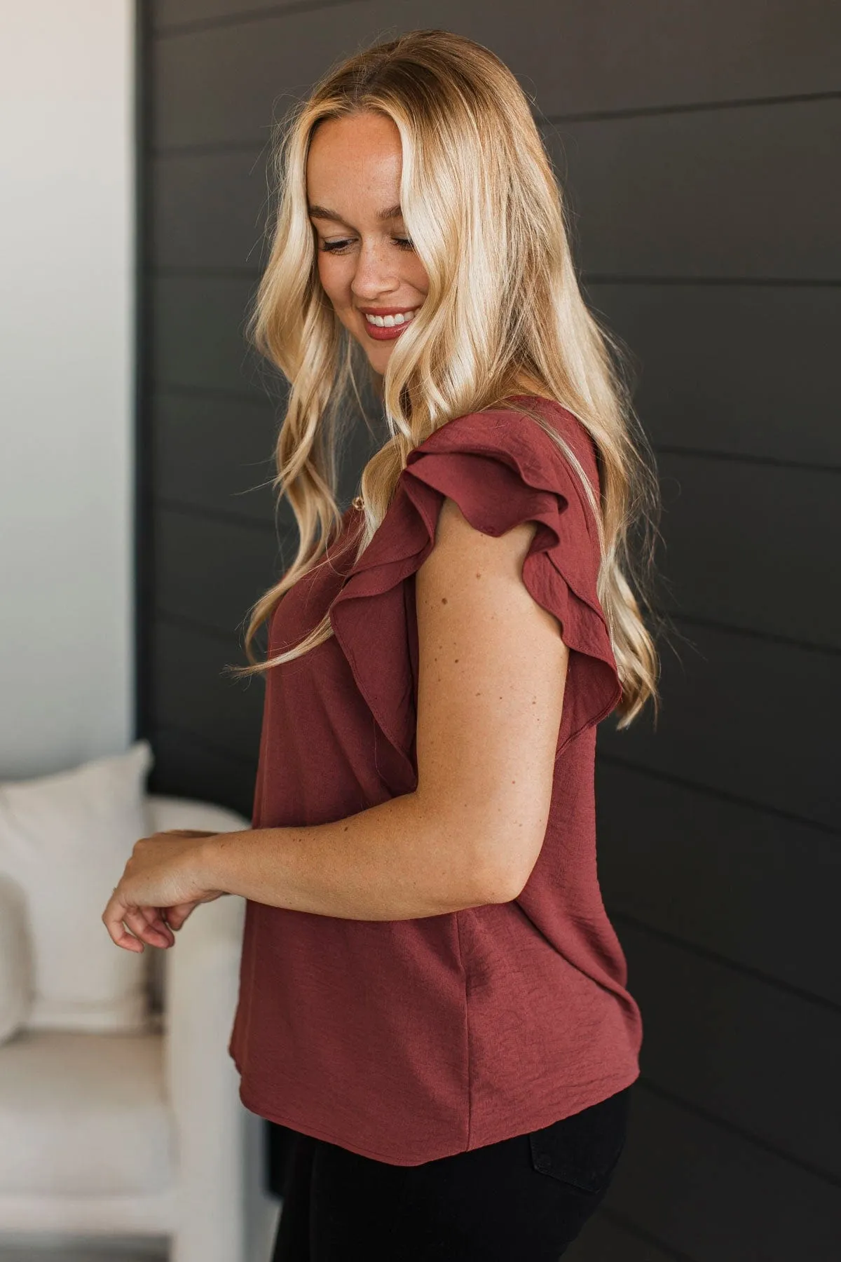 Mostly Memories Ruffle Blouse- Red Brown