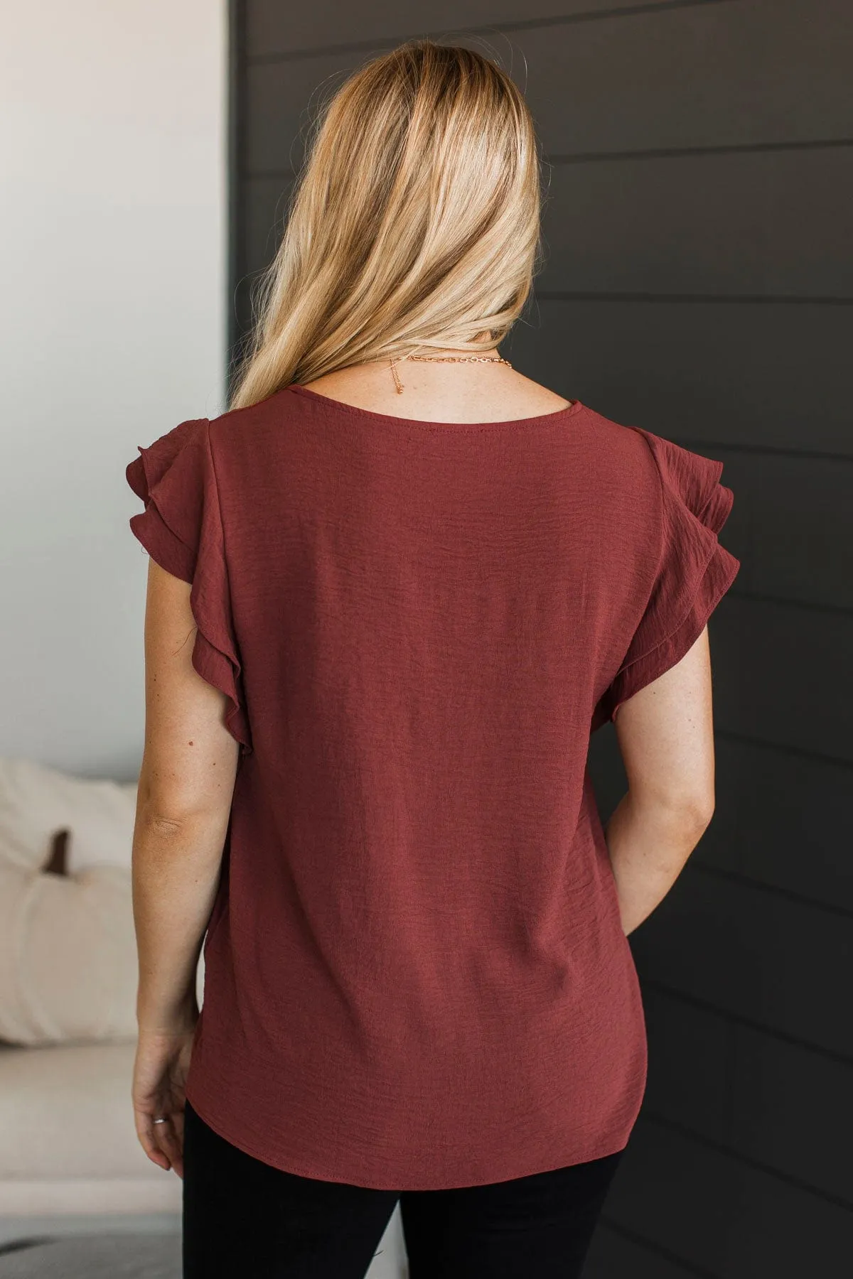 Mostly Memories Ruffle Blouse- Red Brown