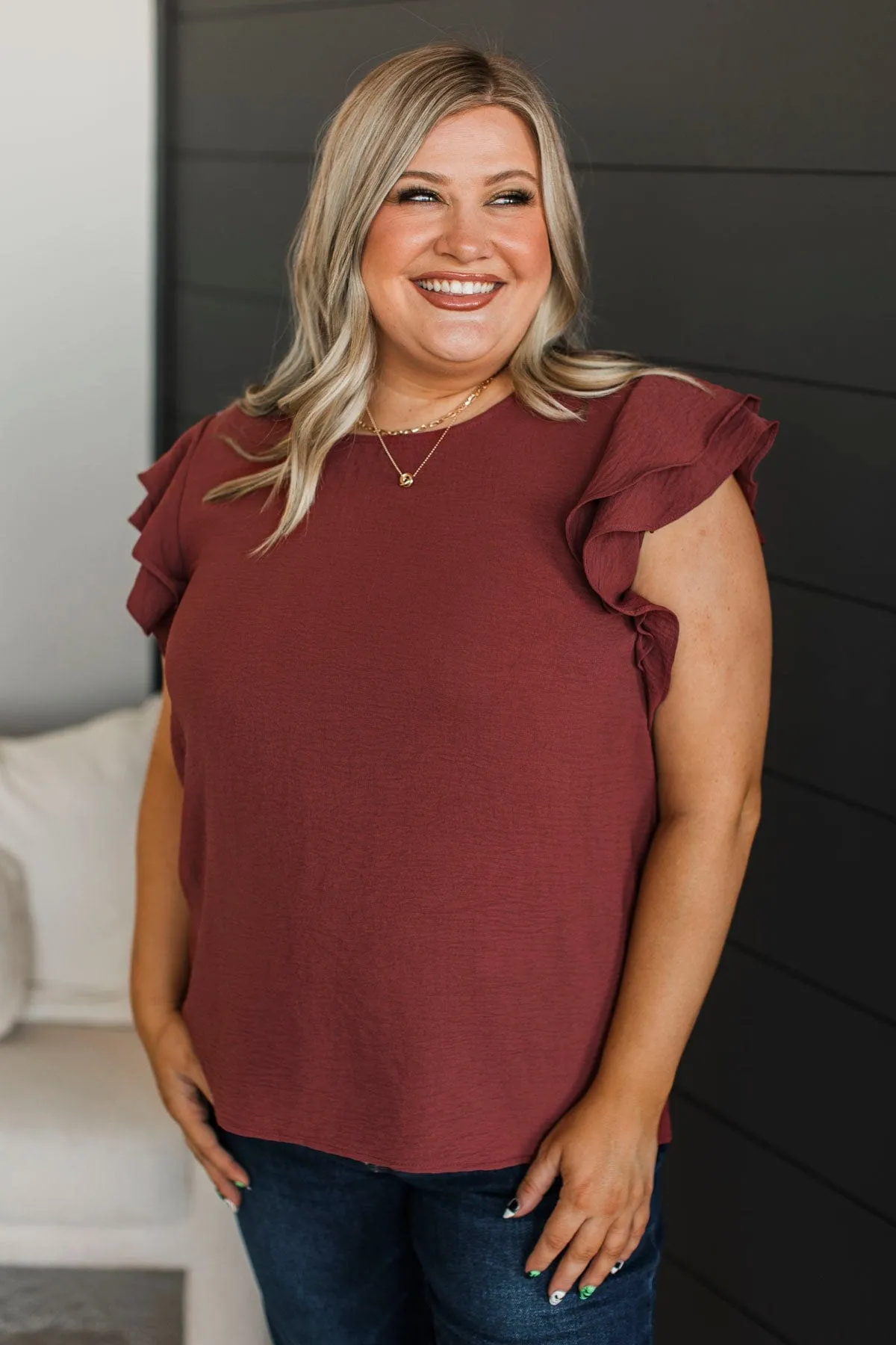 Mostly Memories Ruffle Blouse- Red Brown