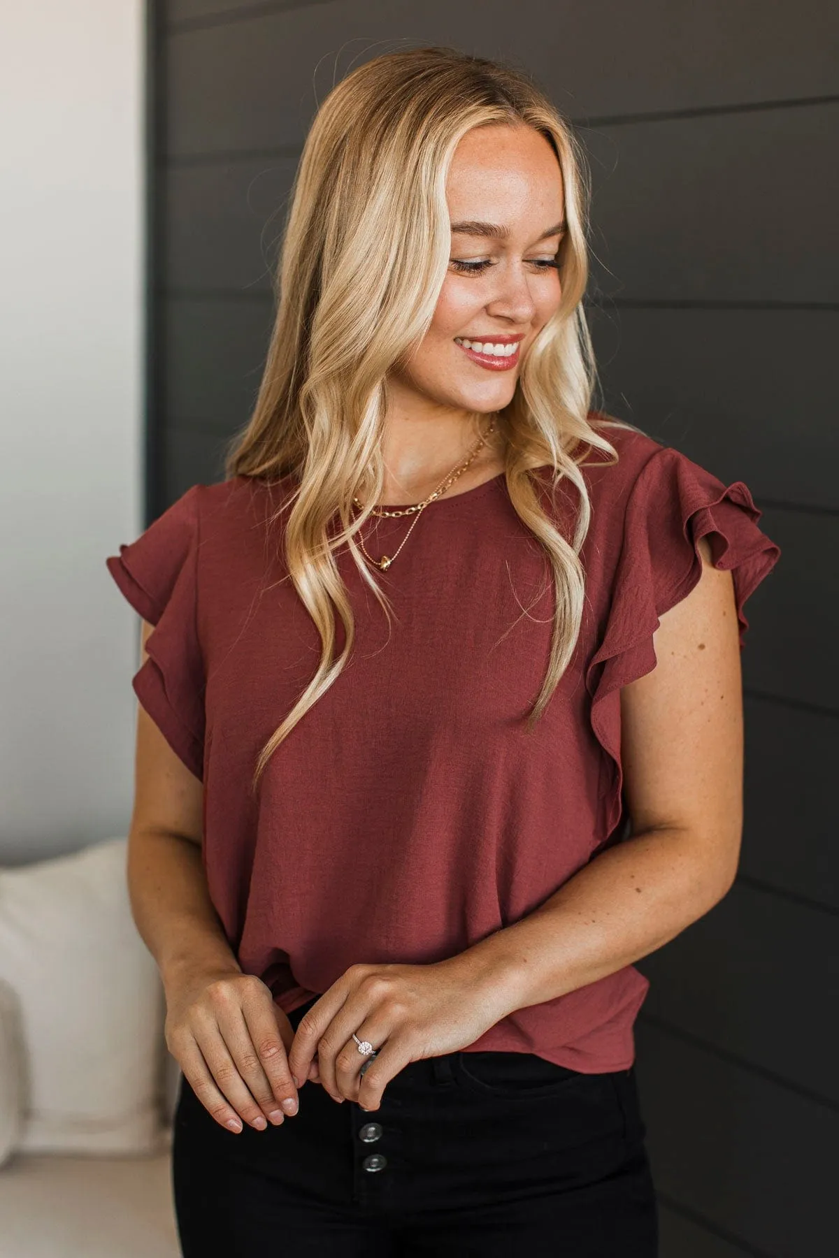 Mostly Memories Ruffle Blouse- Red Brown