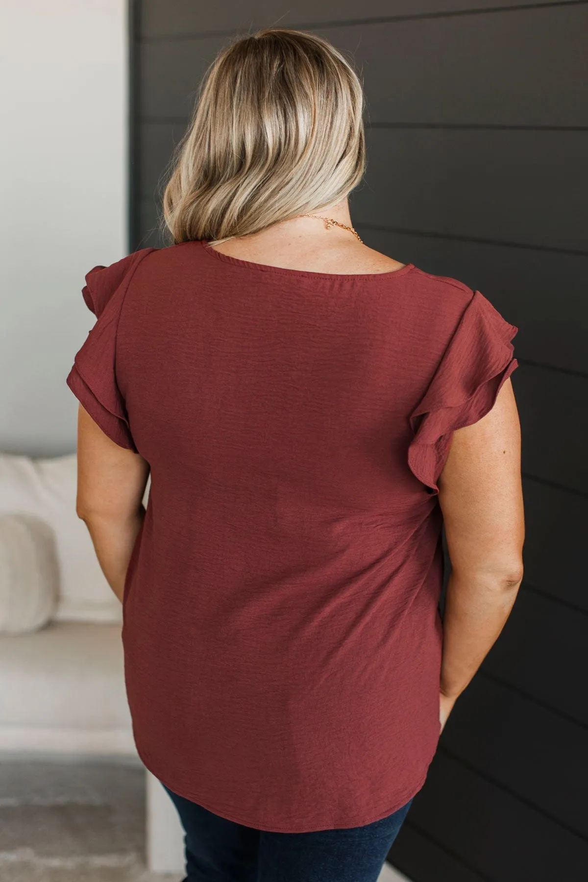 Mostly Memories Ruffle Blouse- Red Brown