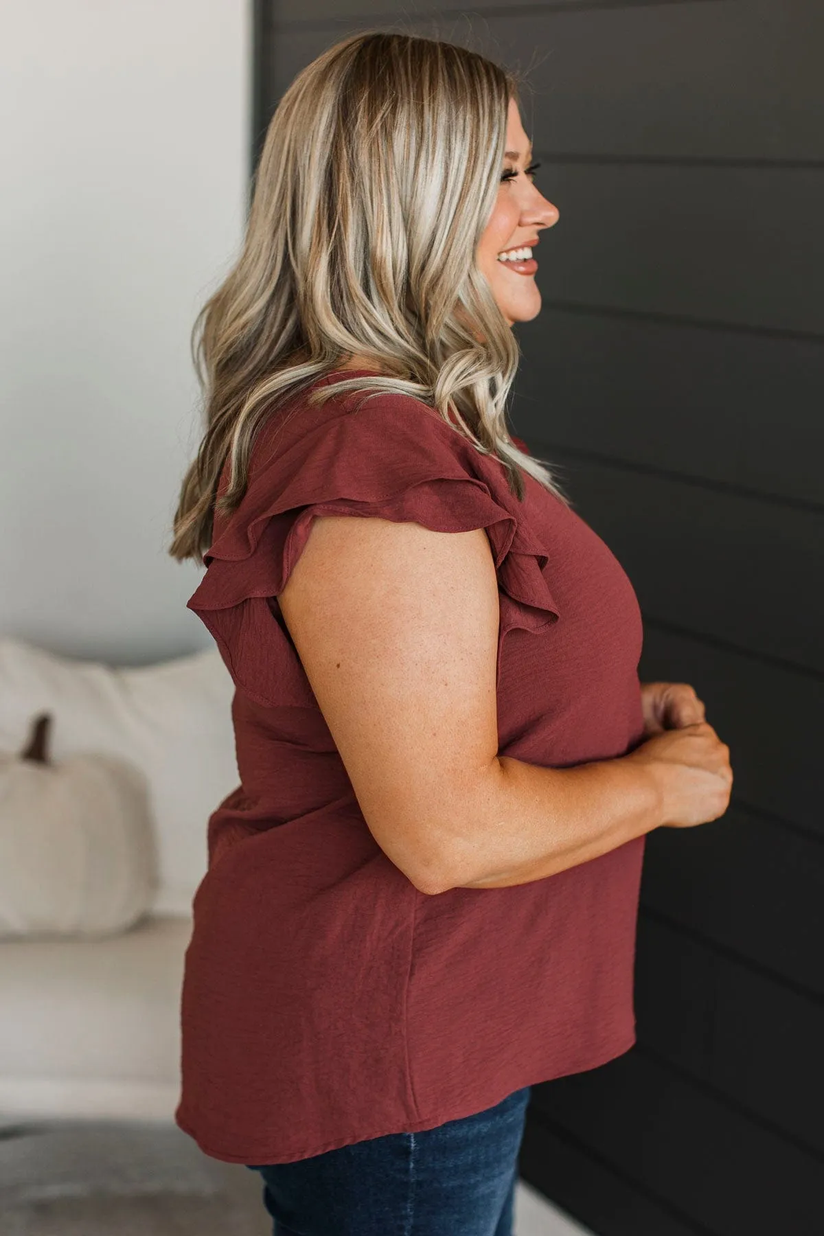 Mostly Memories Ruffle Blouse- Red Brown