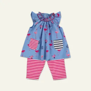 Multicoloured Flamingo Print Dress And Leggings Set