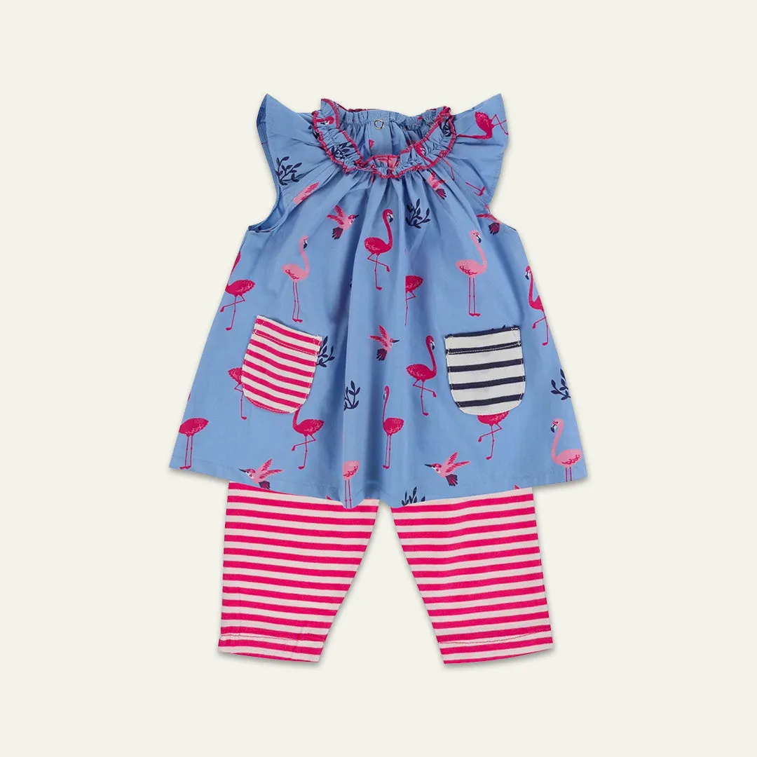 Multicoloured Flamingo Print Dress And Leggings Set