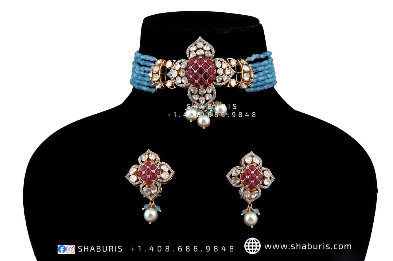 Nakshi Jewelry Polki Necklace Diamond Necklace Beaded Necklace Tanzanite Necklace Diamond Jewelry Moissanite Necklace Bridal-[POLKI101]