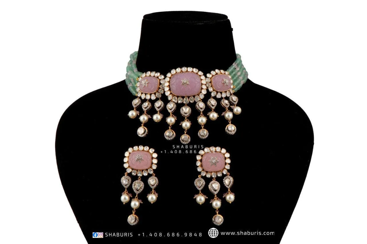 Nakshi Jewelry Polki Necklace Diamond Necklace Beaded Necklace Tanzanite Necklace Diamond Jewelry Moissanite Necklace Bridal-SHABURIS