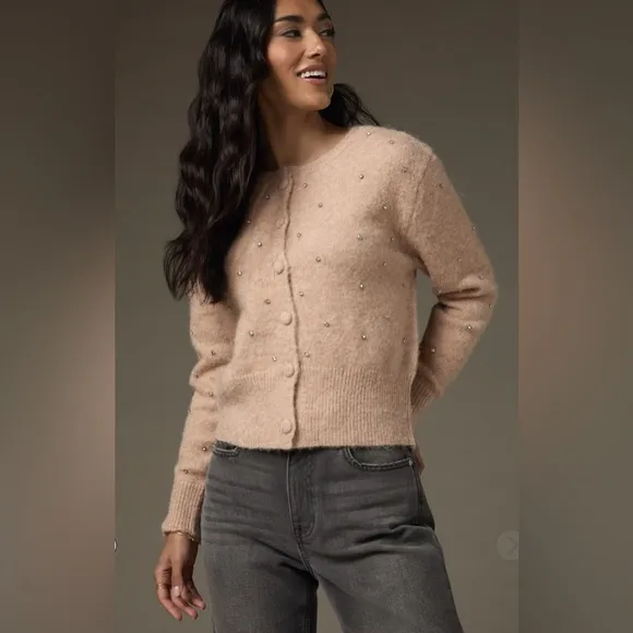 New Francesca’s Adrian Embellished Button Down Taupe Cropped Cardigan