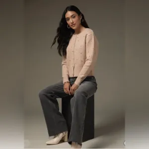 New Francesca’s Adrian Embellished Button Down Taupe Cropped Cardigan