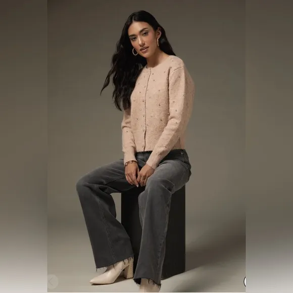 New Francesca’s Adrian Embellished Button Down Taupe Cropped Cardigan