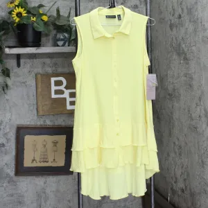 Nina Leonard Tunic Sleeveless Collared Top with Ruffle Hem Lemon Zest Yellow L