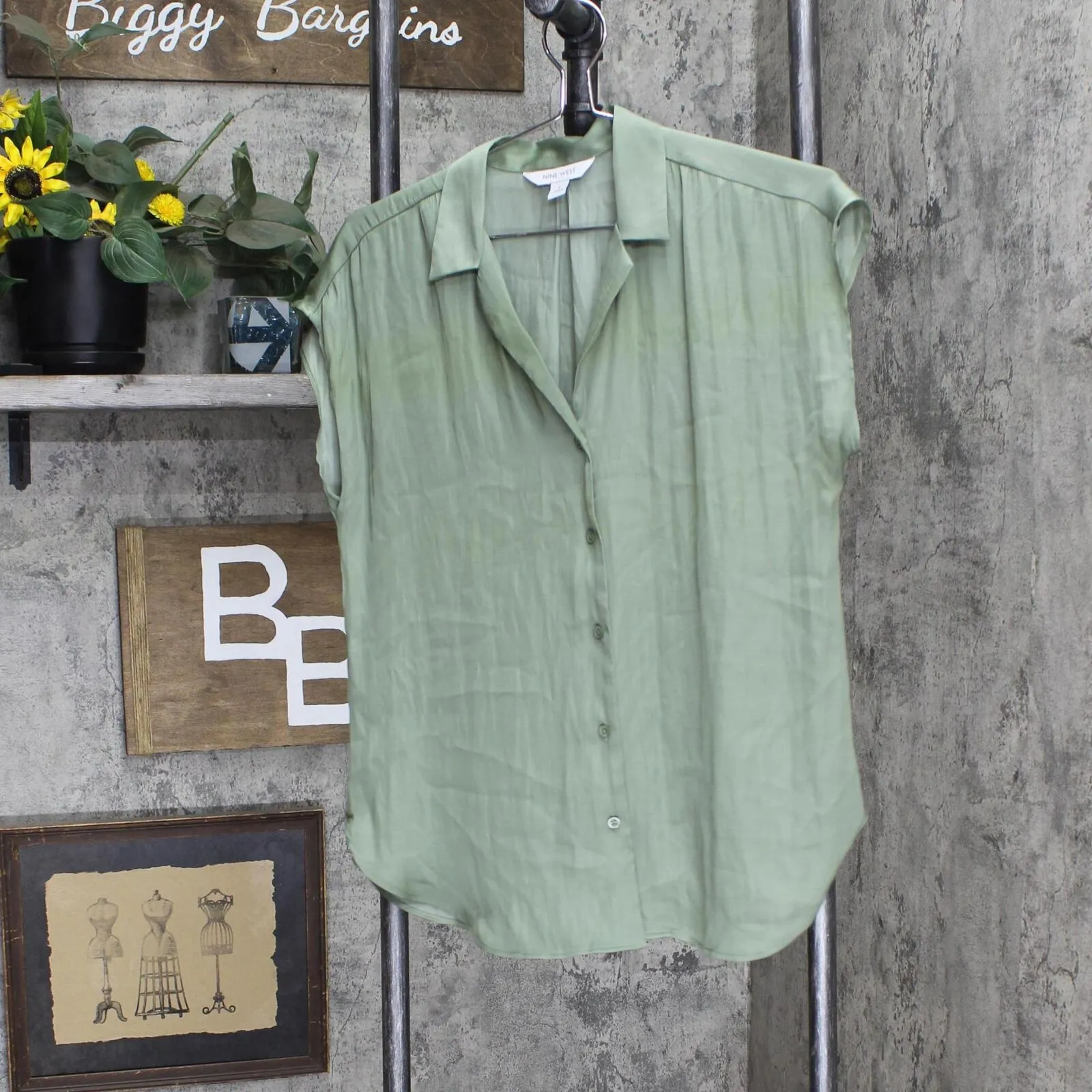 Nine West Womens Woven Button Up Blouse Shirt Top 165f6fc07df883 Green S
