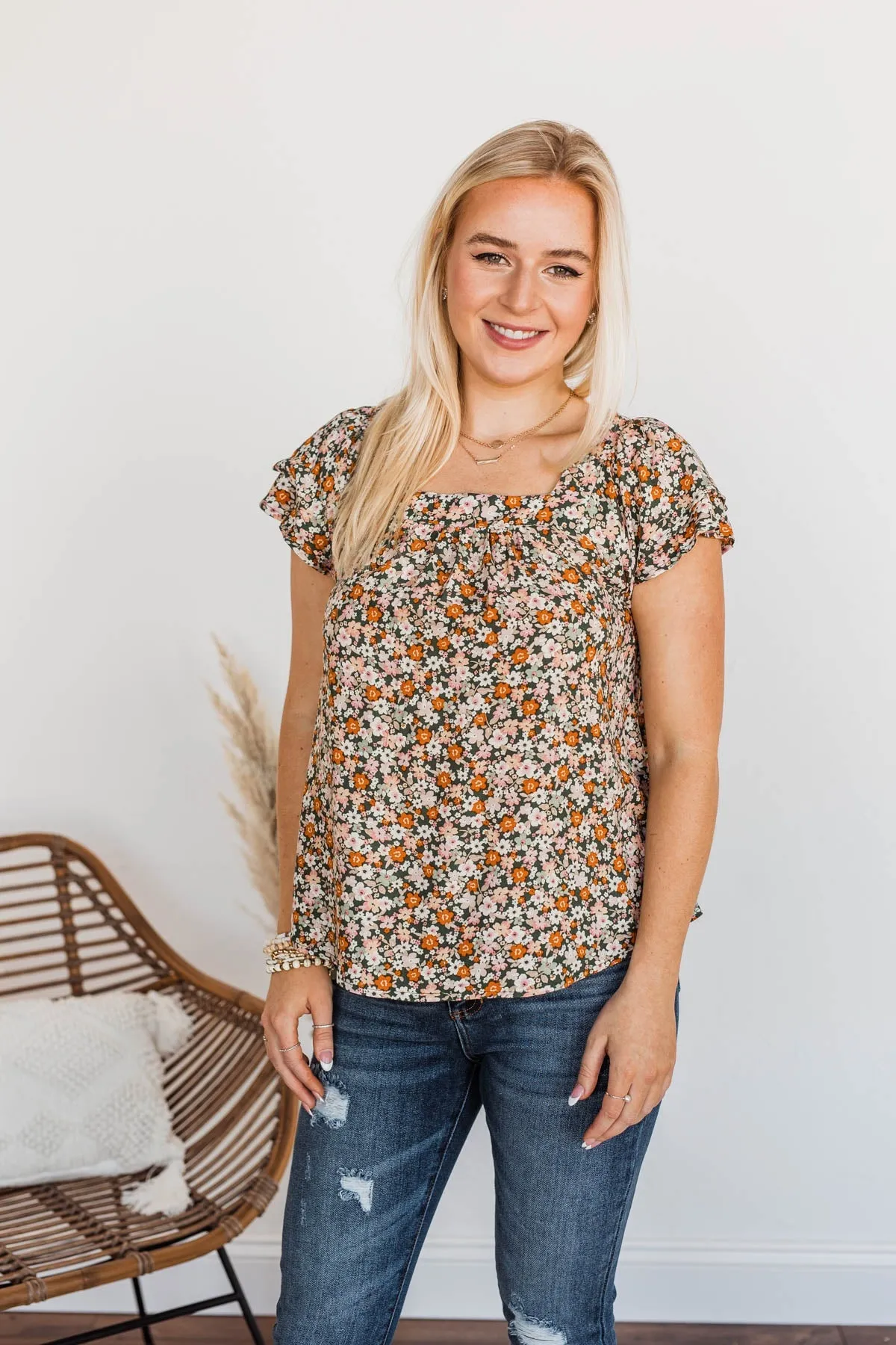Not Afraid To Feel Floral Blouse- Olive