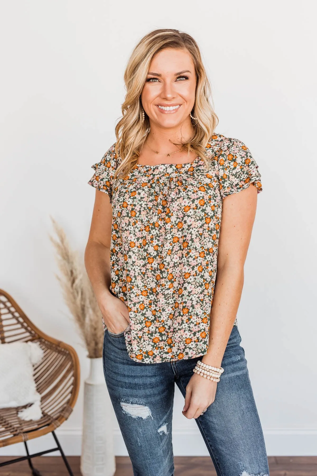Not Afraid To Feel Floral Blouse- Olive