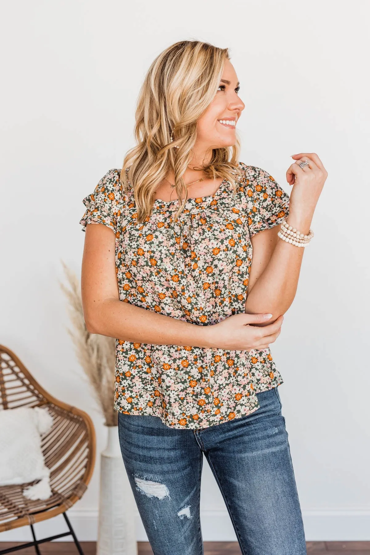 Not Afraid To Feel Floral Blouse- Olive