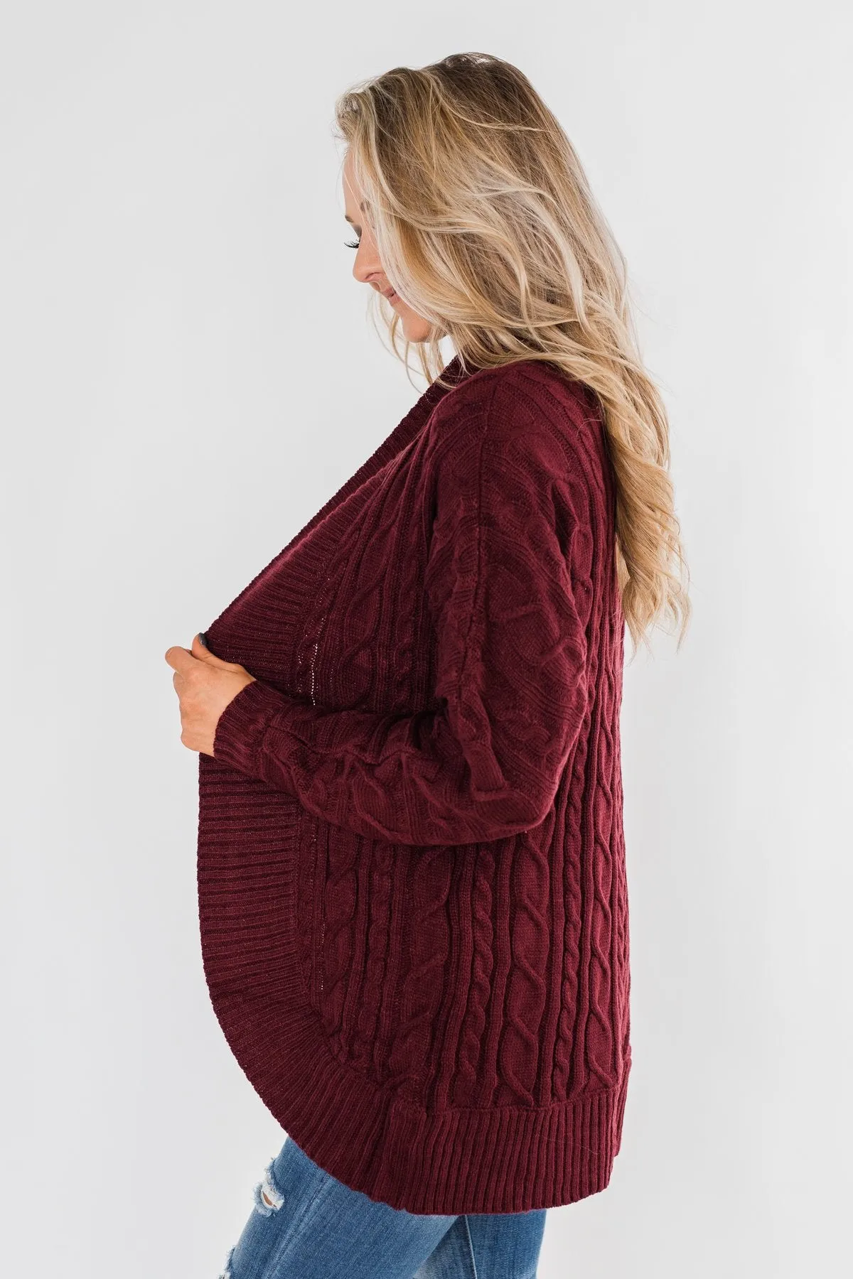 Noticing You Cable Knit Cardigan- Burgundy