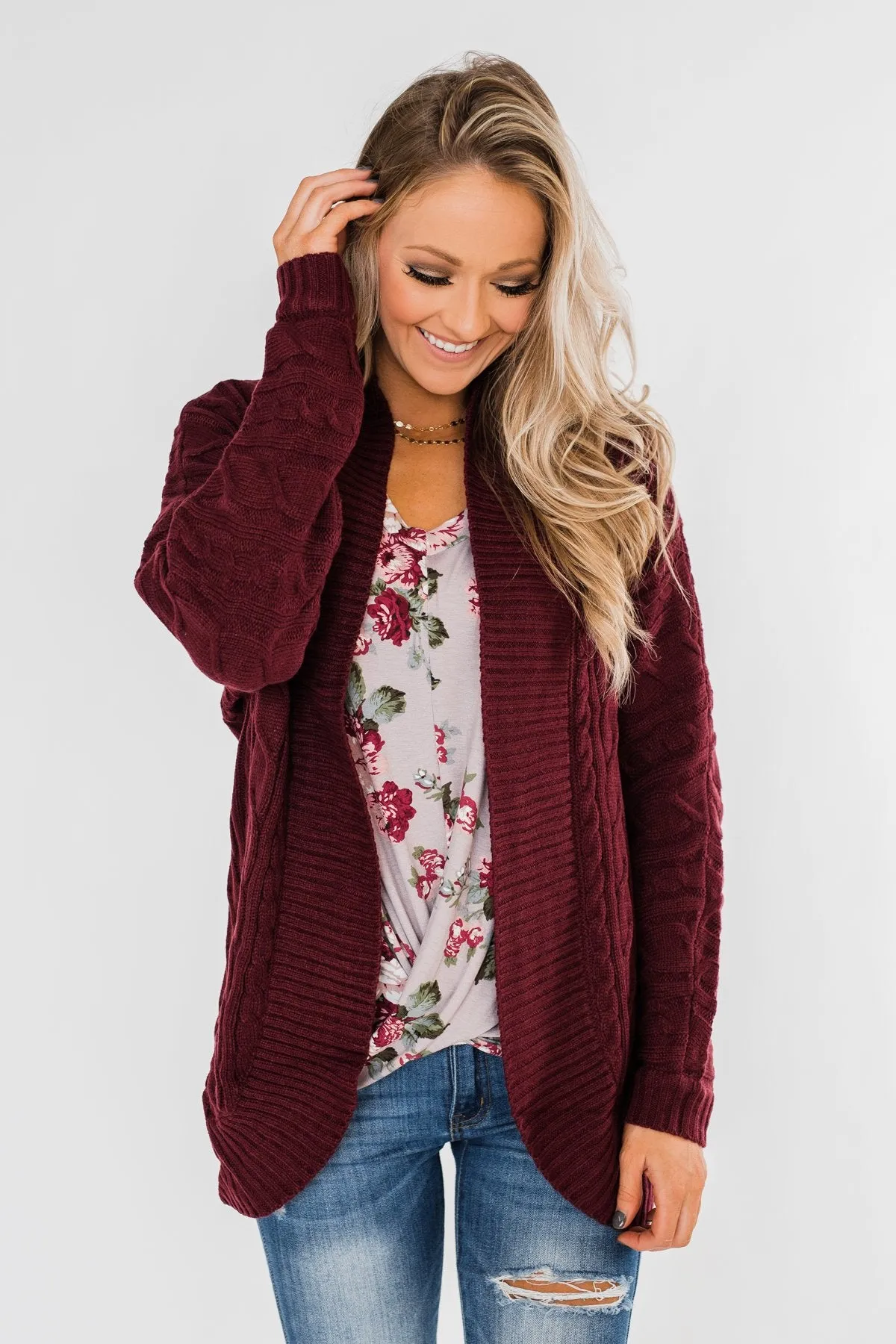 Noticing You Cable Knit Cardigan- Burgundy