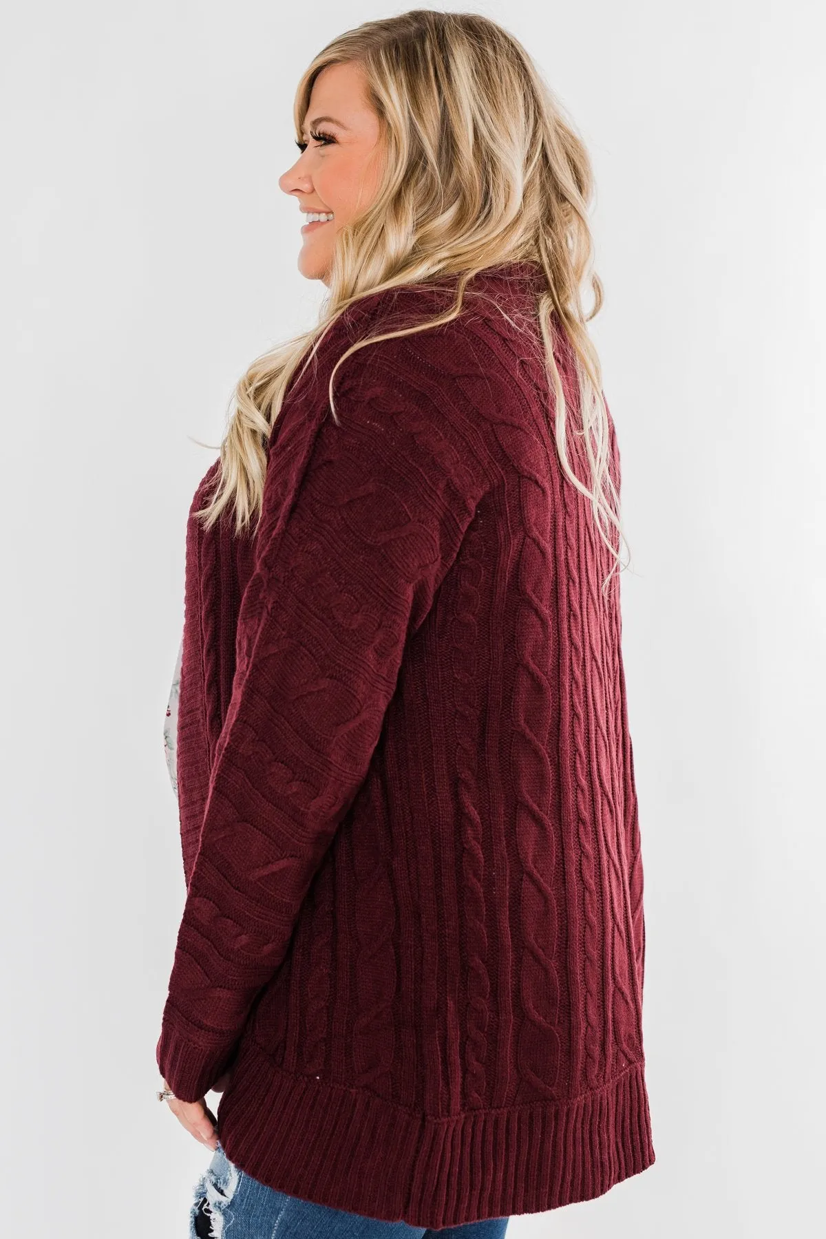Noticing You Cable Knit Cardigan- Burgundy