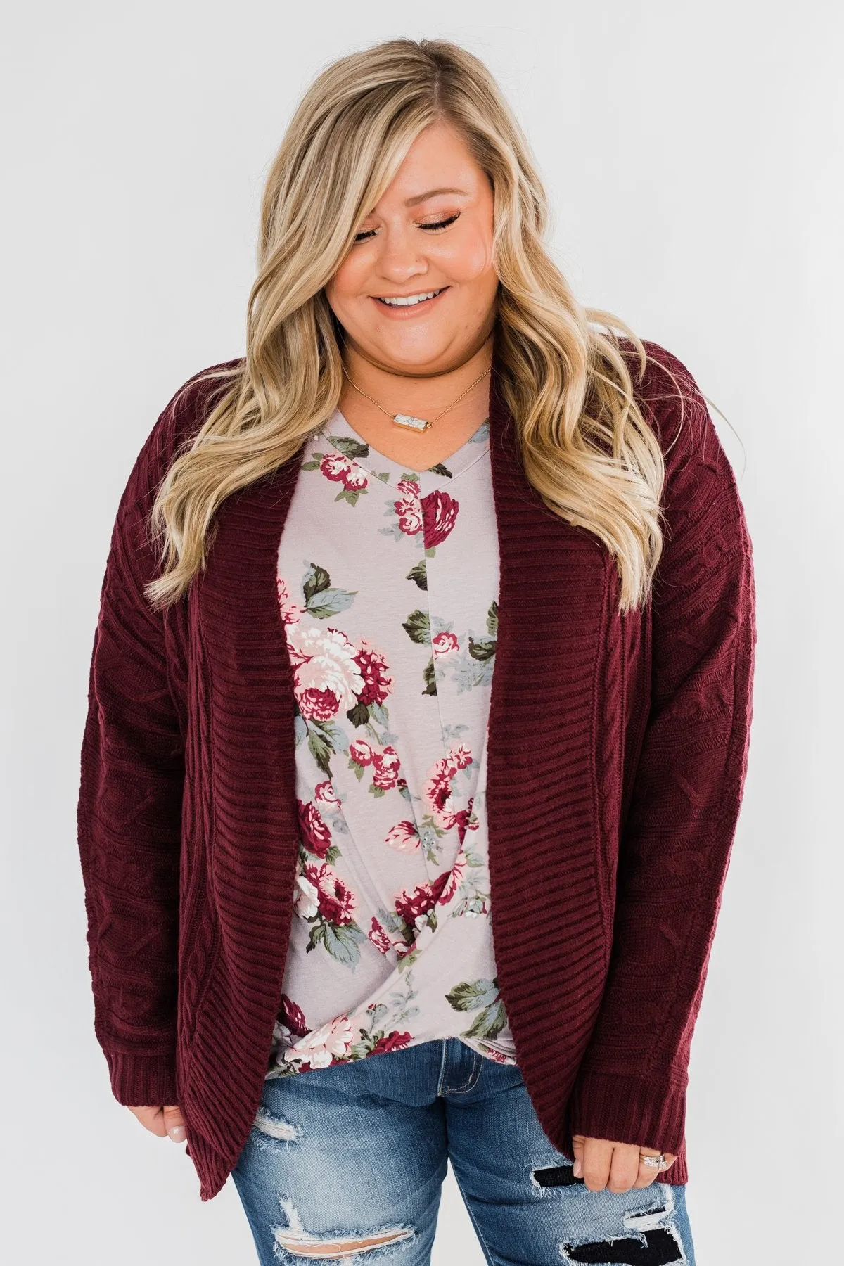 Noticing You Cable Knit Cardigan- Burgundy