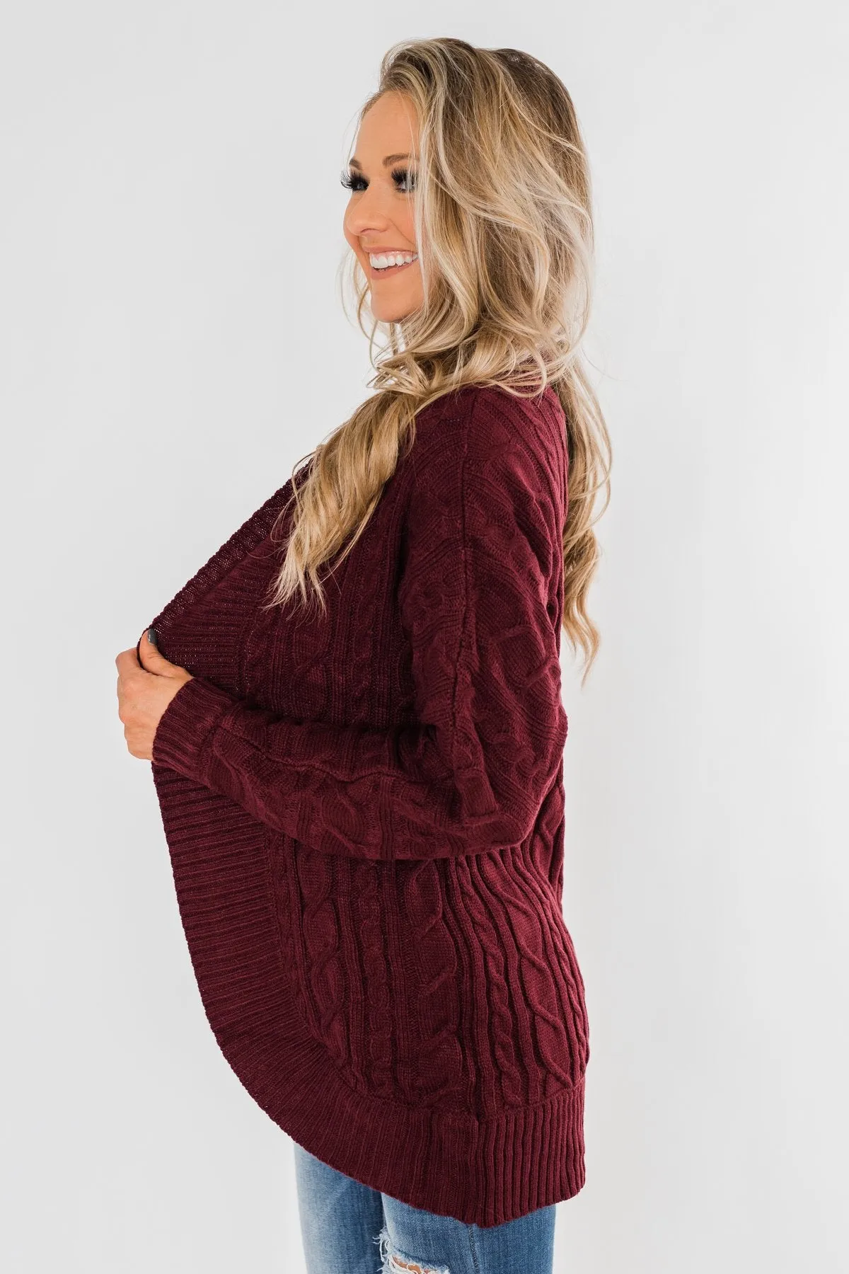 Noticing You Cable Knit Cardigan- Burgundy