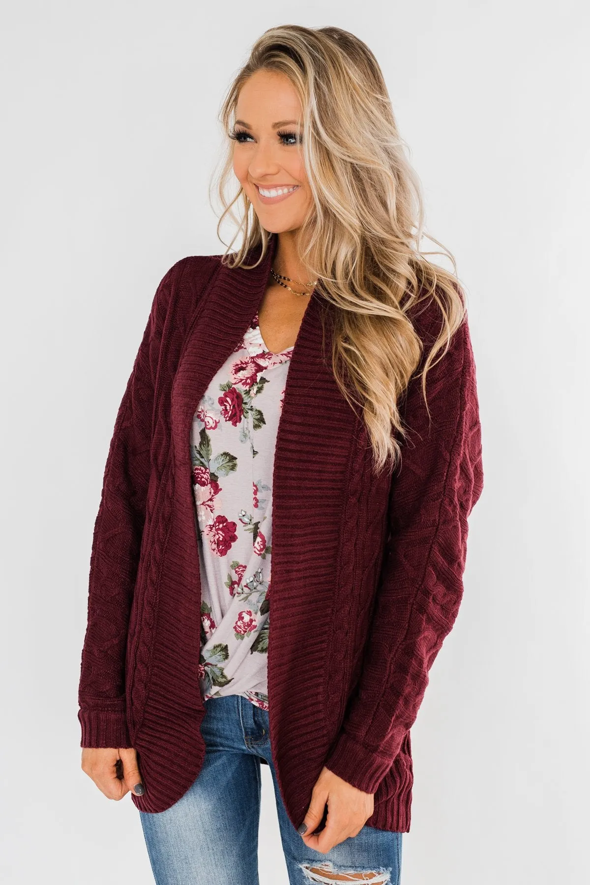 Noticing You Cable Knit Cardigan- Burgundy