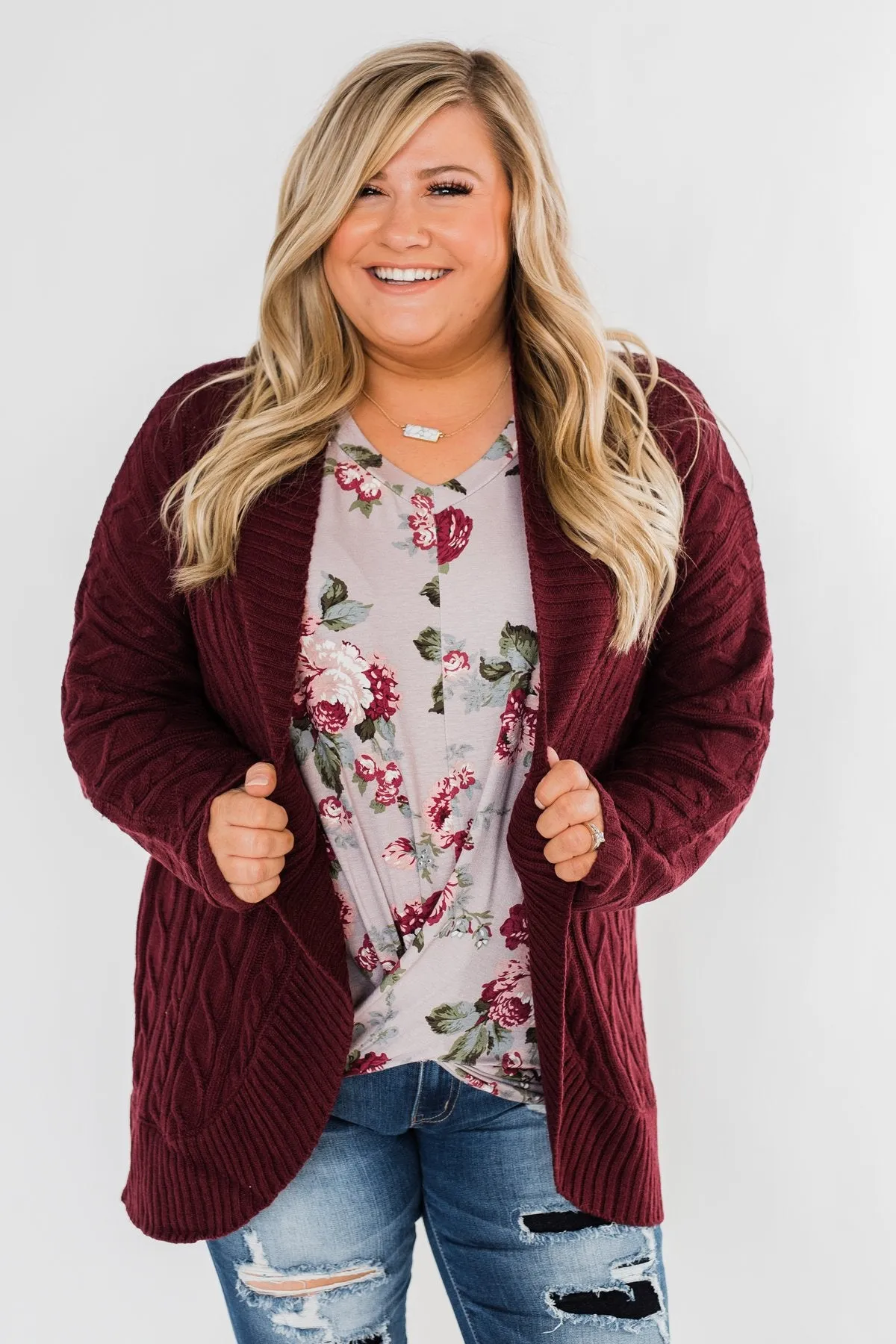Noticing You Cable Knit Cardigan- Burgundy
