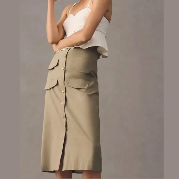 NWT Anthropologie x Mare Mare Linen Buttondown Utility Skirt in Khaki