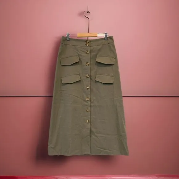 NWT Anthropologie x Mare Mare Linen Buttondown Utility Skirt in Khaki