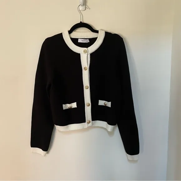 NWT Greylin Hana Button Cardigan $104 large Black White Statement gold buttons