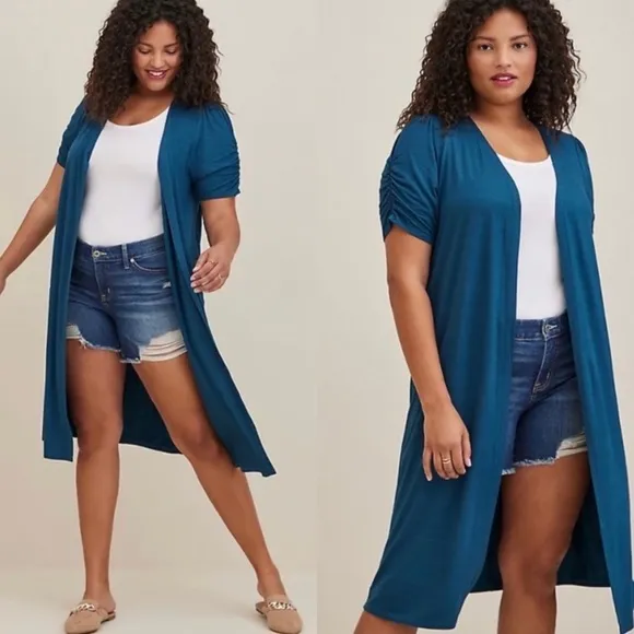 NWT Torrid Fit &amp; Flare Ruched Sleeve Duster Cardigan in Teal Blue