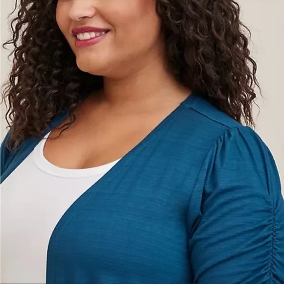 NWT Torrid Fit &amp; Flare Ruched Sleeve Duster Cardigan in Teal Blue