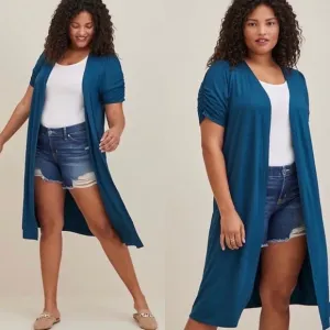 NWT Torrid Fit &amp; Flare Ruched Sleeve Duster Cardigan in Teal Blue