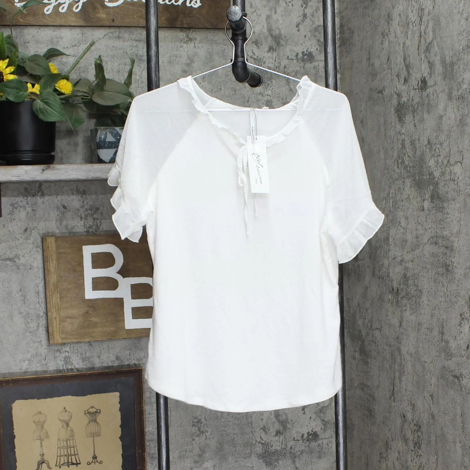 Ny Collection Womens Petite Chiffon Short Ruffled Sleeve Crepe Knit Top PCKU2470