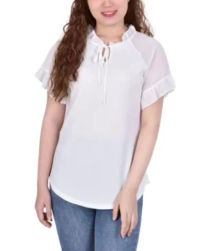 Ny Collection Womens Petite Chiffon Short Ruffled Sleeve Crepe Knit Top PCKU2470