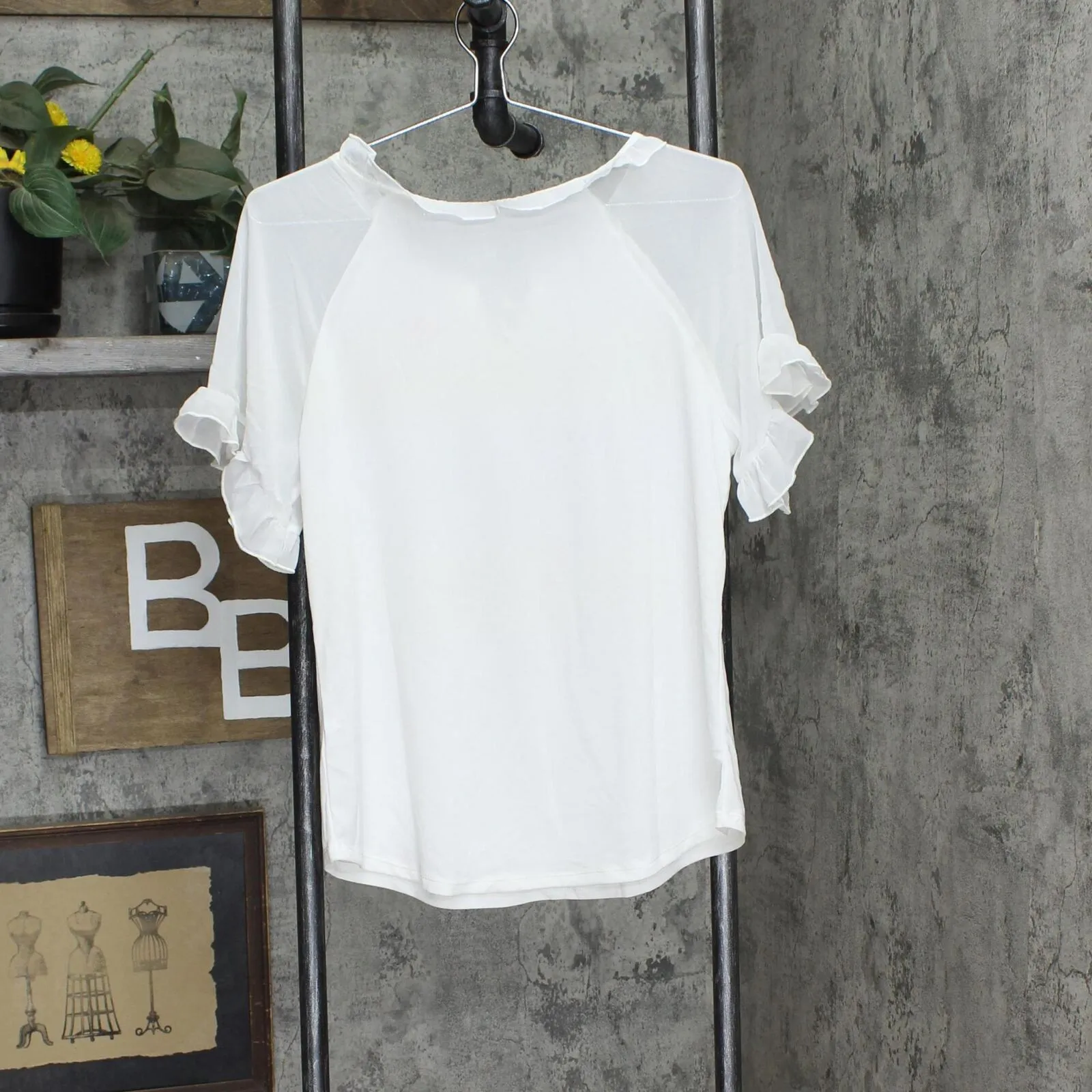 Ny Collection Womens Petite Chiffon Short Ruffled Sleeve Crepe Knit Top PCKU2470