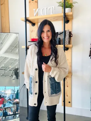 Oatmeal Cardigan with Denim Pockets