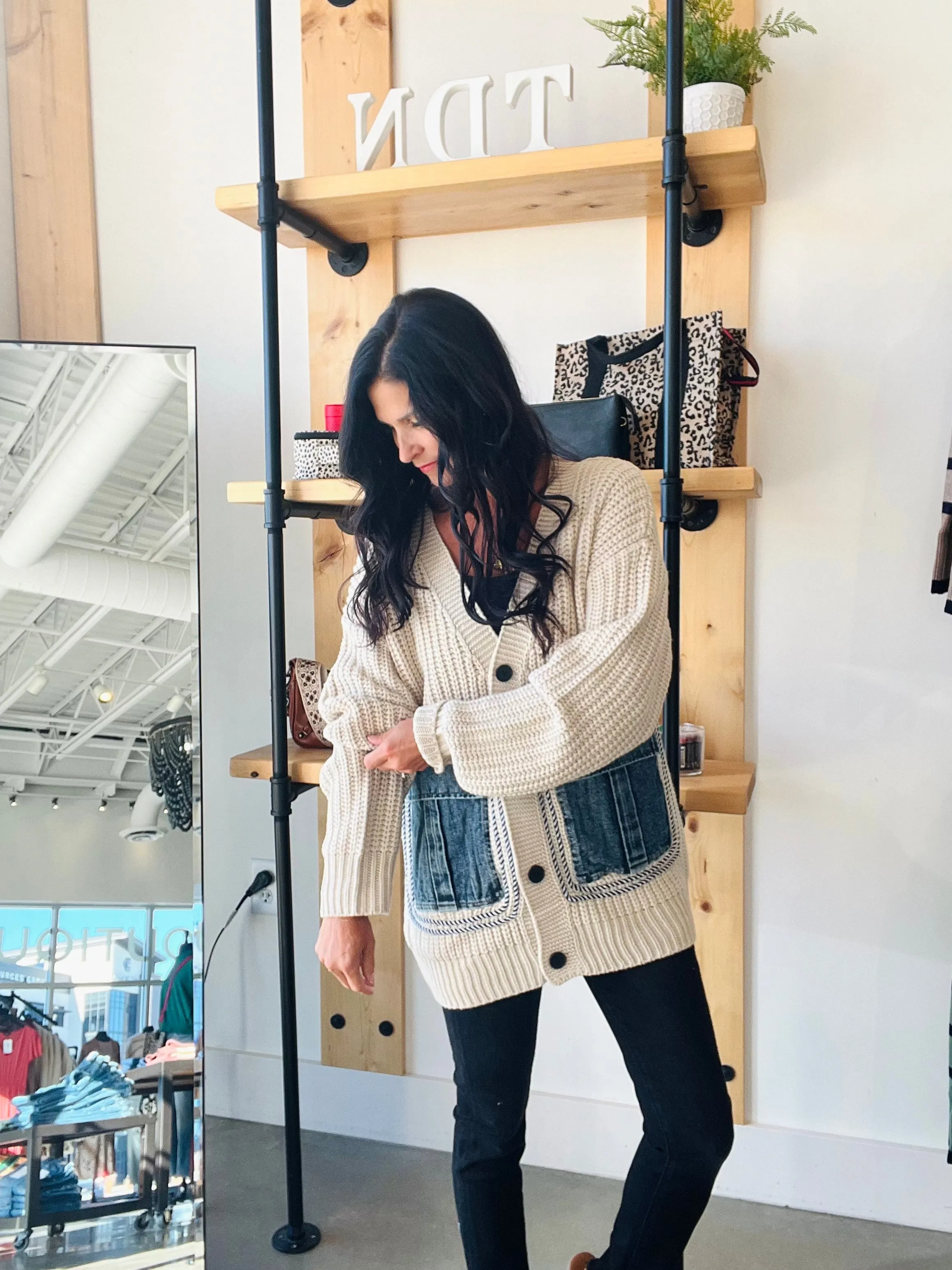 Oatmeal Cardigan with Denim Pockets